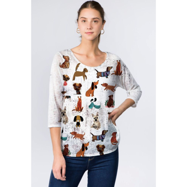 ET Lois Fiona Scoop Neck Fine Knit Top Dog Print