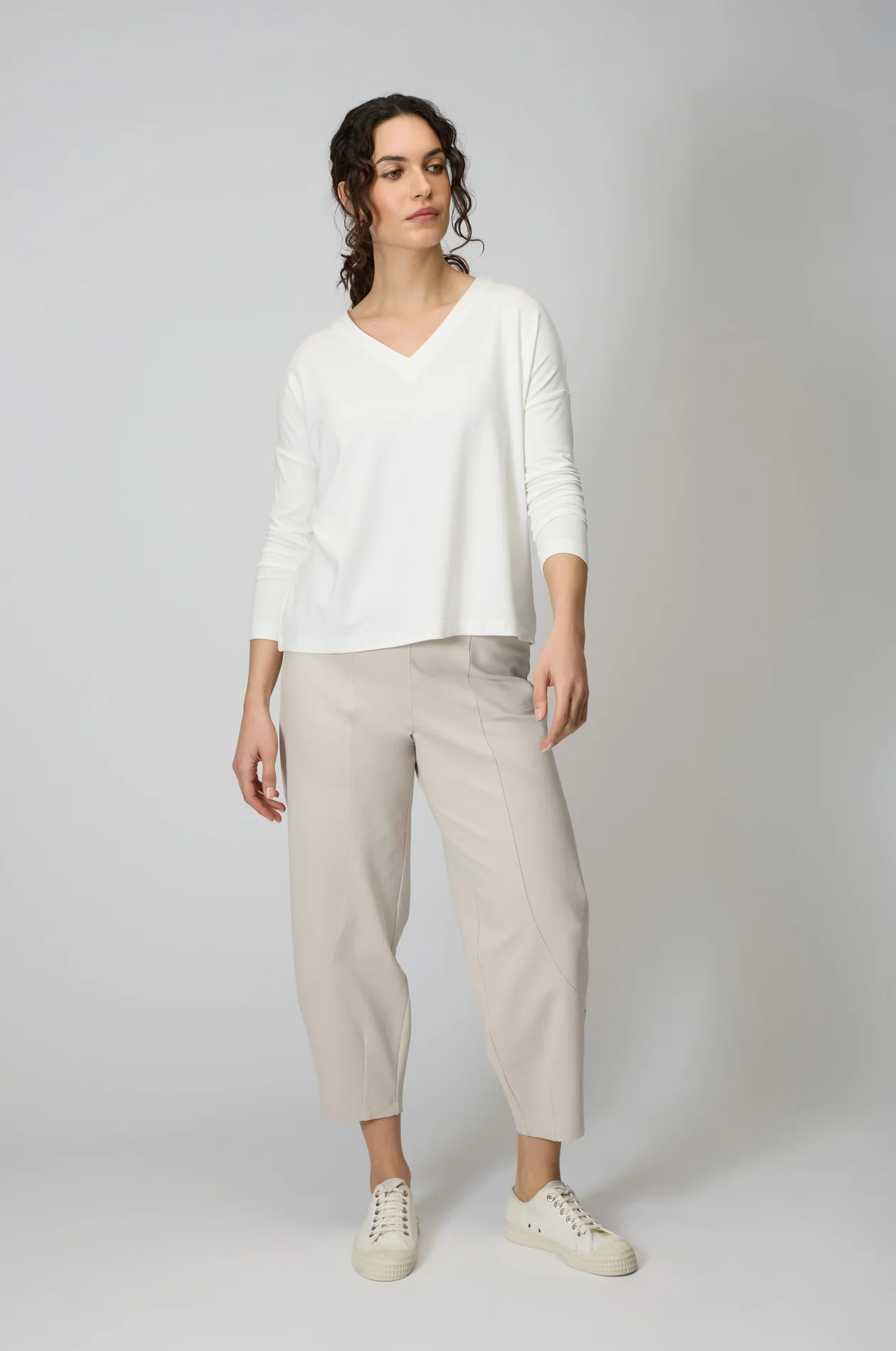 Sahara Ecru Viscose Jersey V Neck Top - Image 4