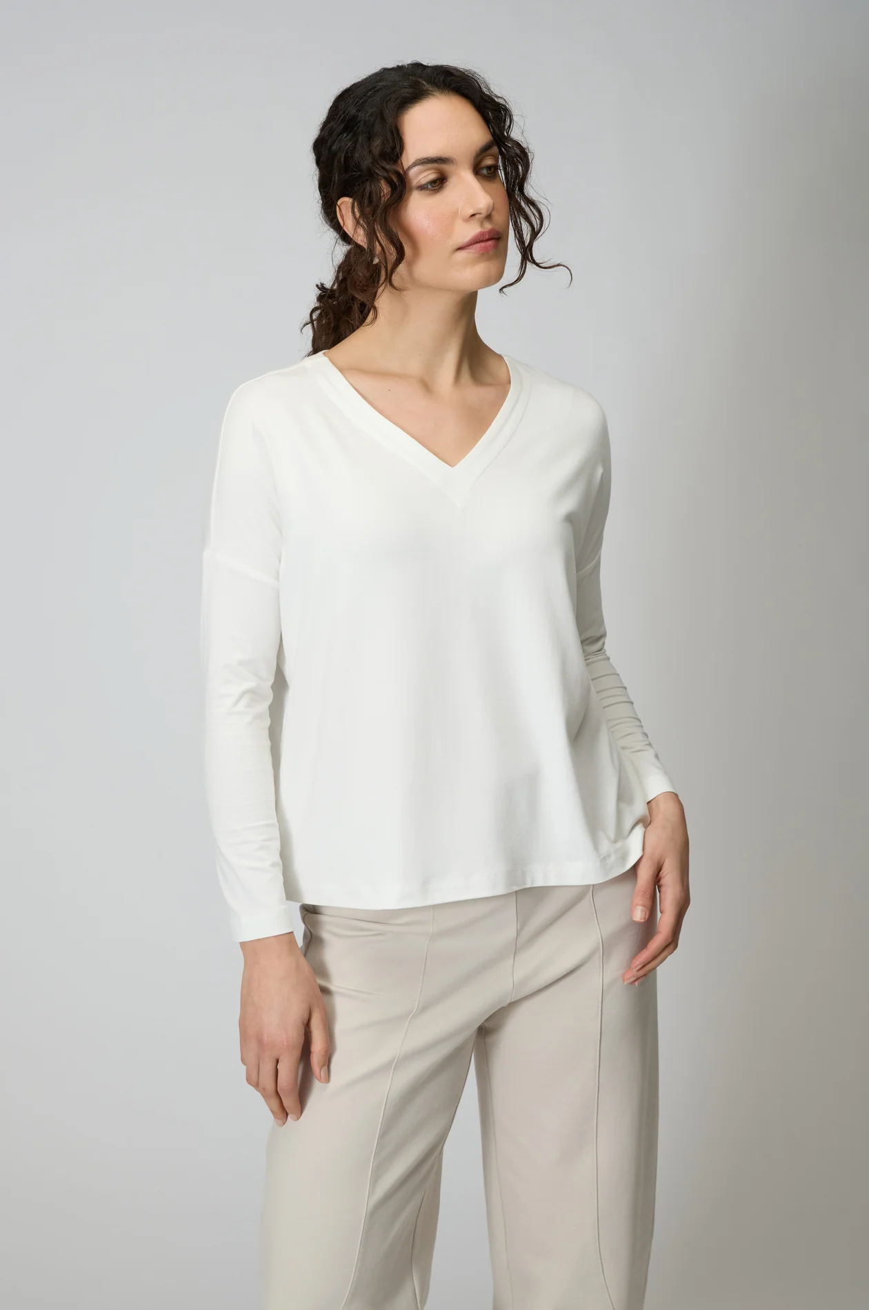 Sahara Ecru Viscose Jersey V Neck Top - Image 2