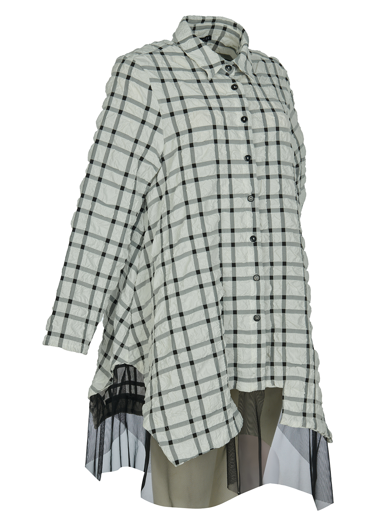 Kozan Long Shirt White with Black Check and Mesh Hem - Image 2