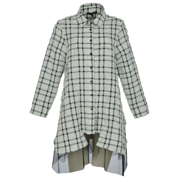 Kozan Long Shirt White with Black Check and Mesh Hem