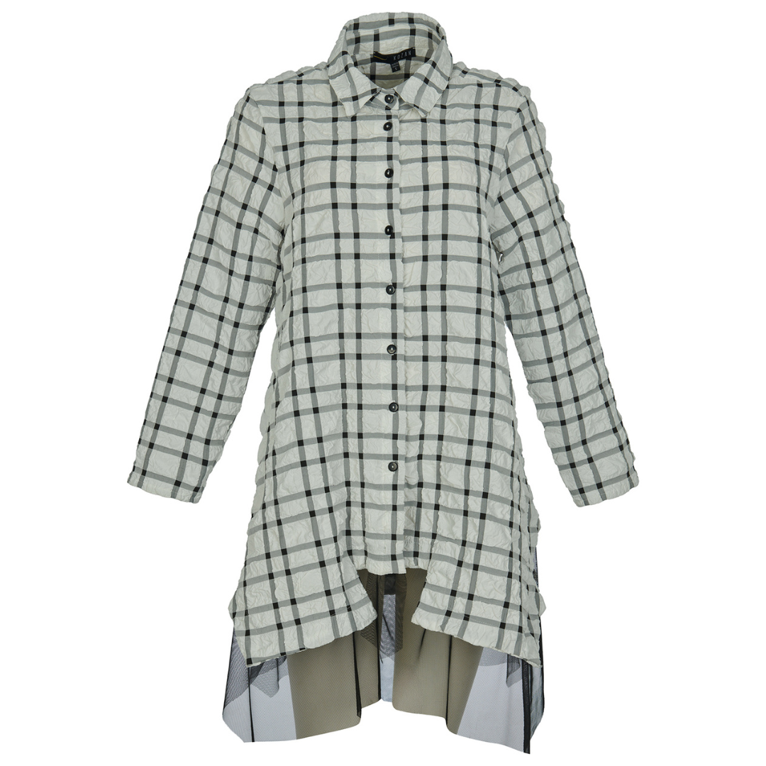 Kozan Long Shirt White with Black Check and Mesh Hem