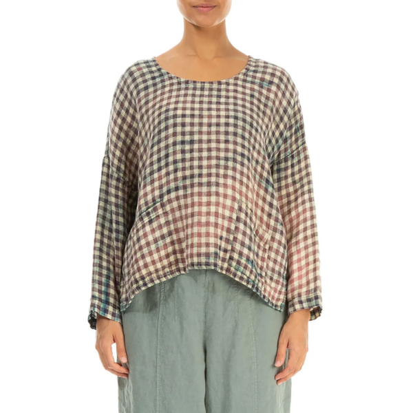 Grizas Linen Check Short Top In Stone/Blue/Plum