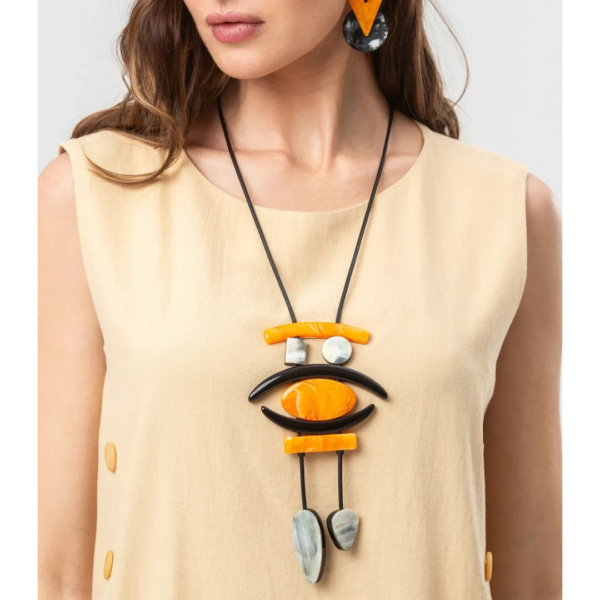 Indira Long Buffalo Horn And Resin Necklace In Orange/Cream/Black