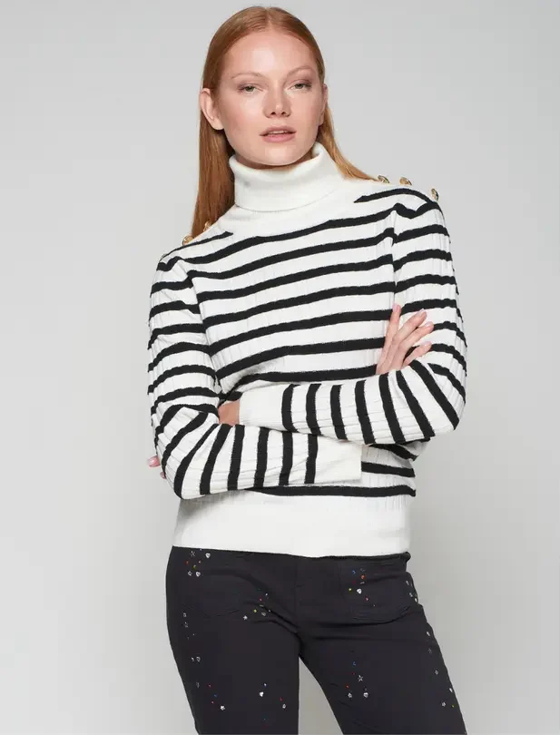 Vilagallo Ecru and Black Stripe Sweater With Buttons