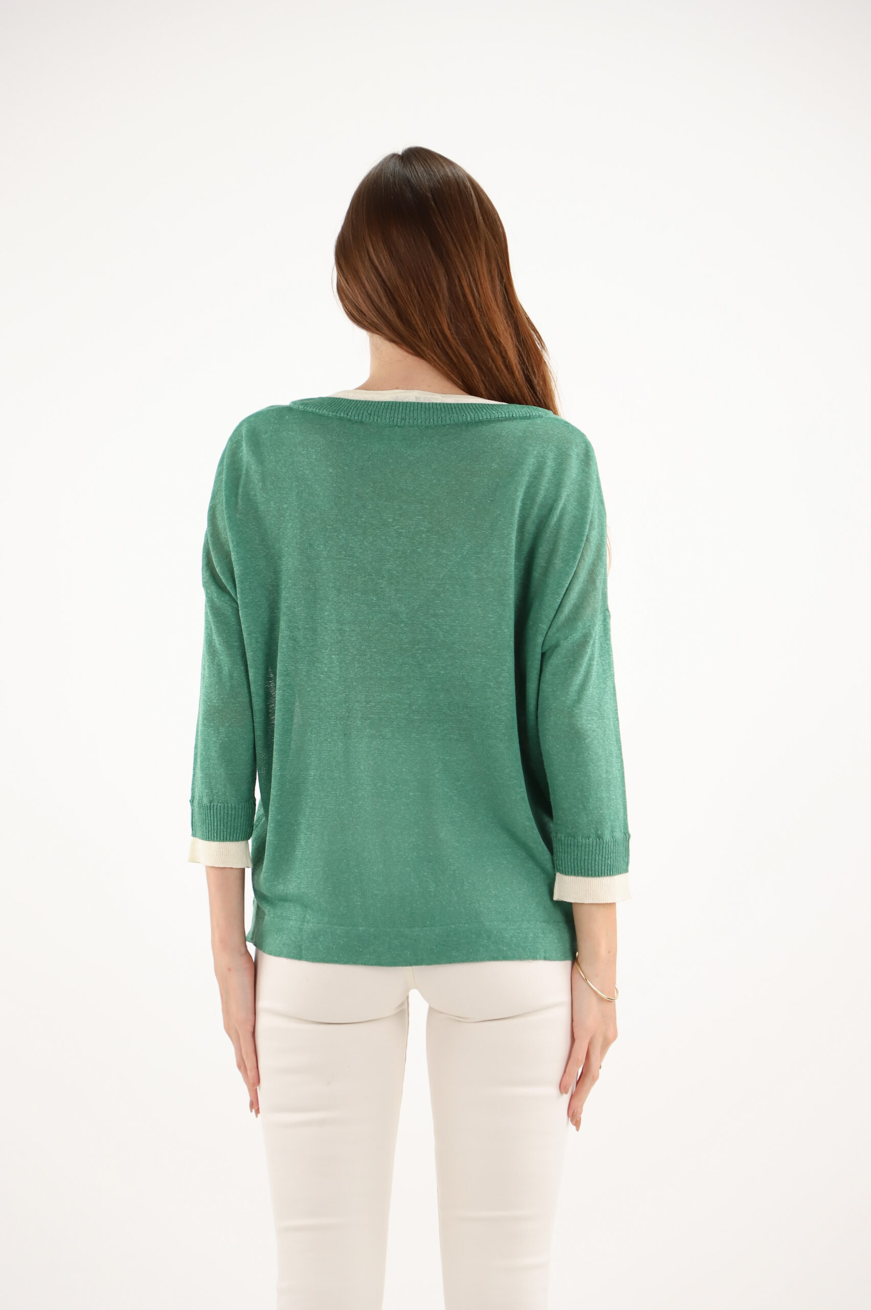 Maud & Sacha V Neck Layer Sweater in Green And Cream - Image 2