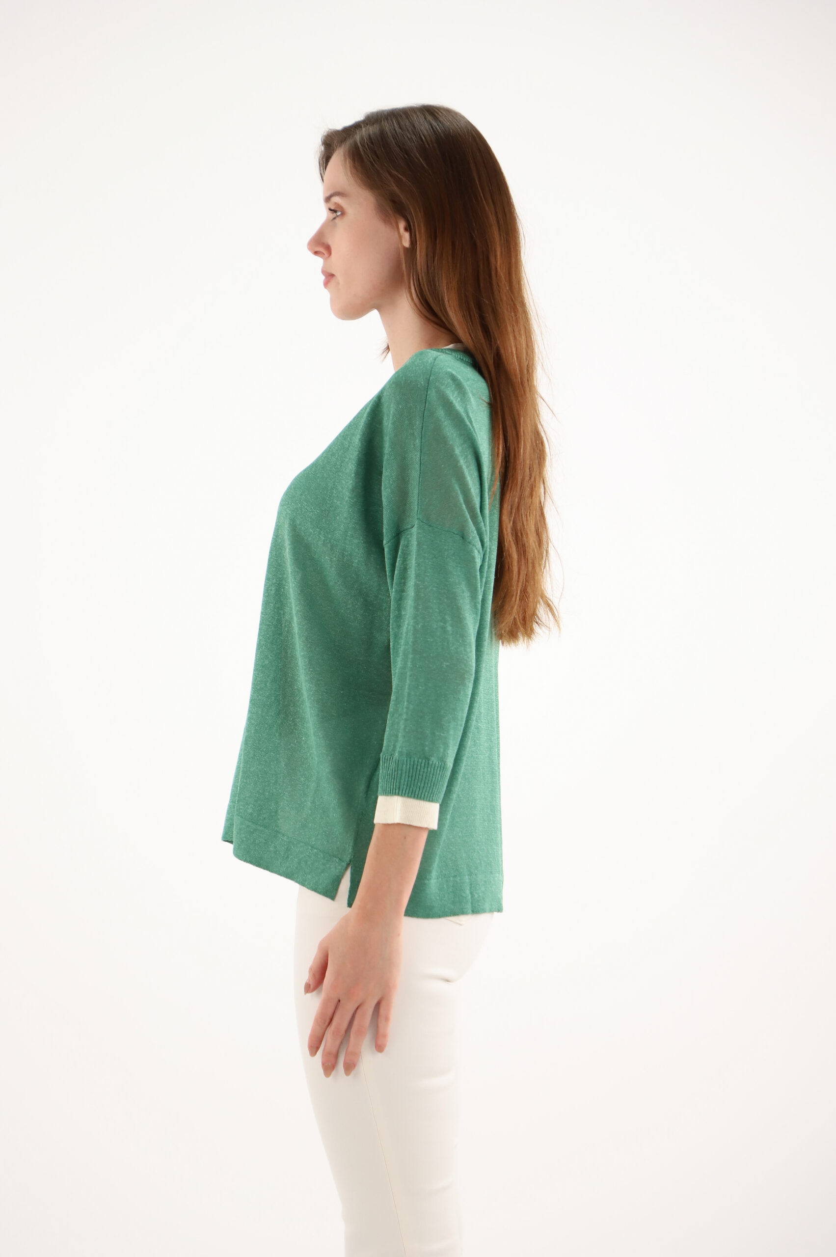 Maud & Sacha V Neck Layer Sweater in Green And Cream - Image 3