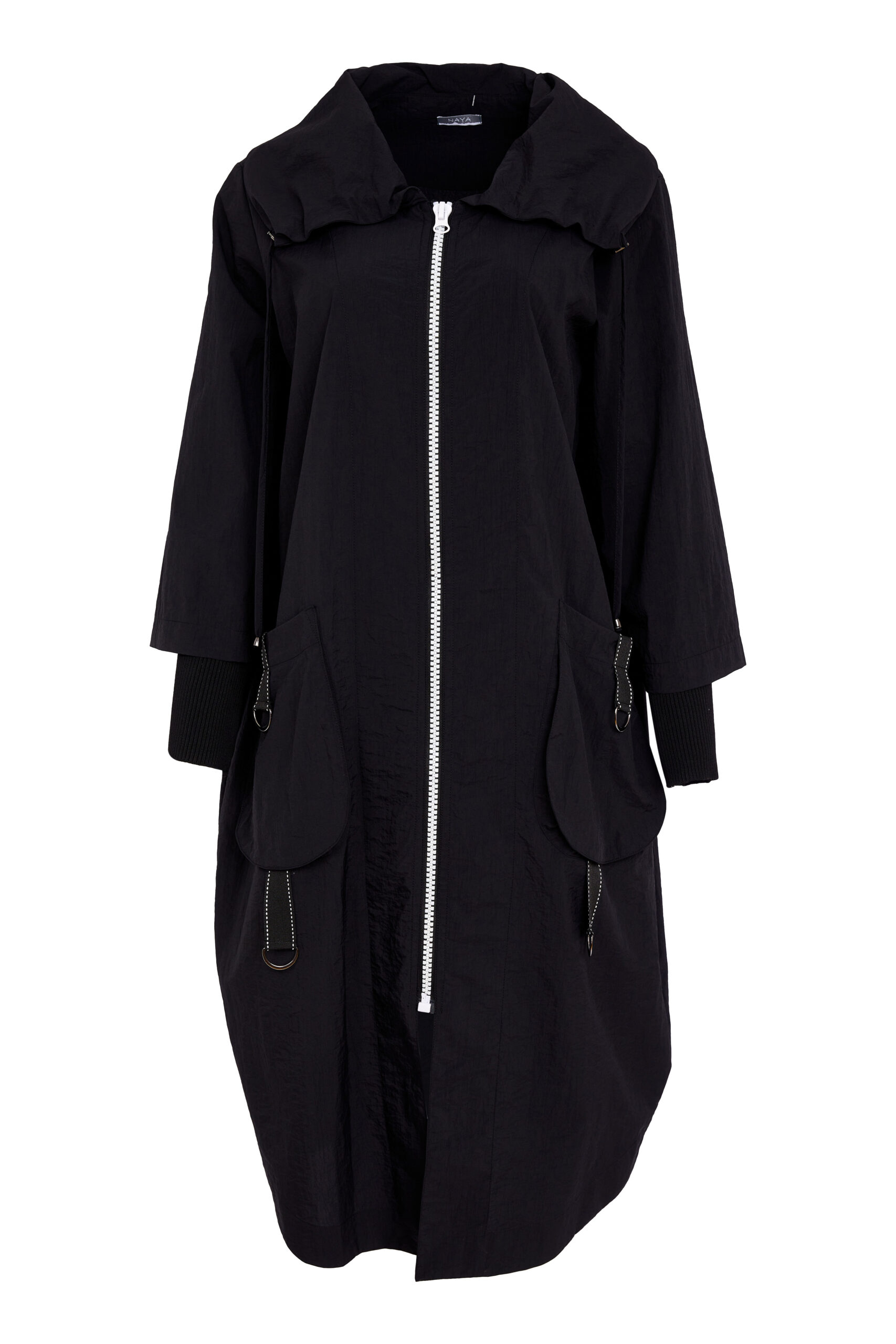 Naya Hooded Coat With D Ring Pockets In Black - Image 3