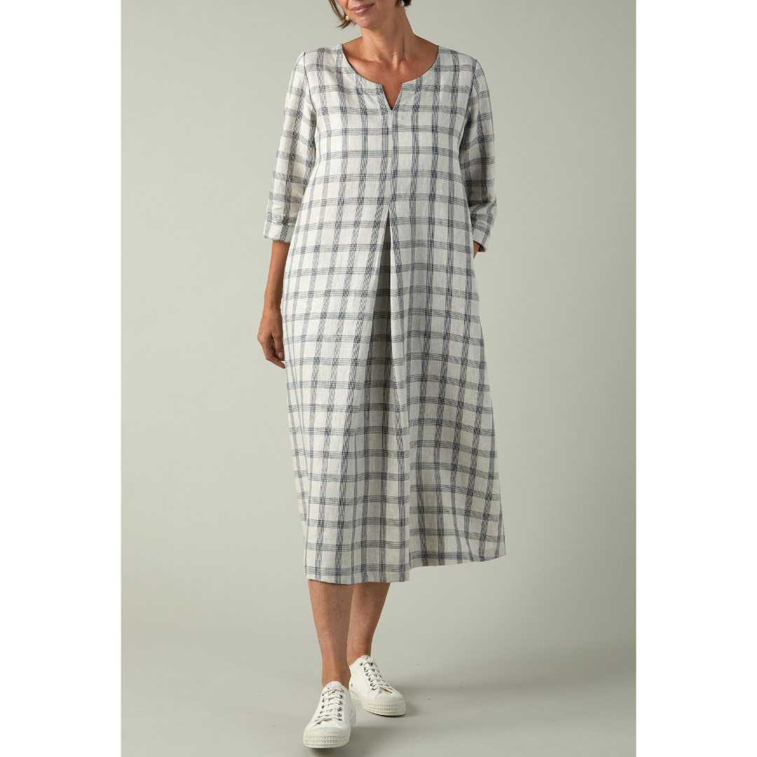 Sahara Grid Linen Dress In Ecru And Night