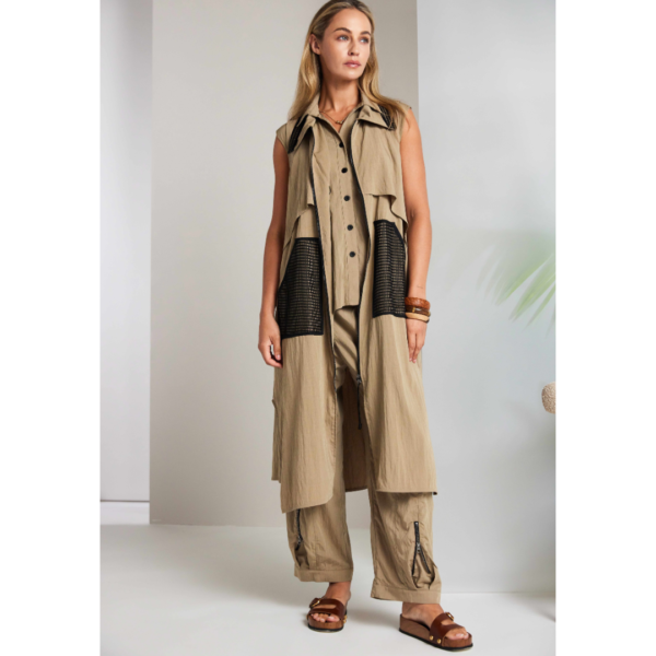 Naya Zipped Longline Coat In Tan And Black