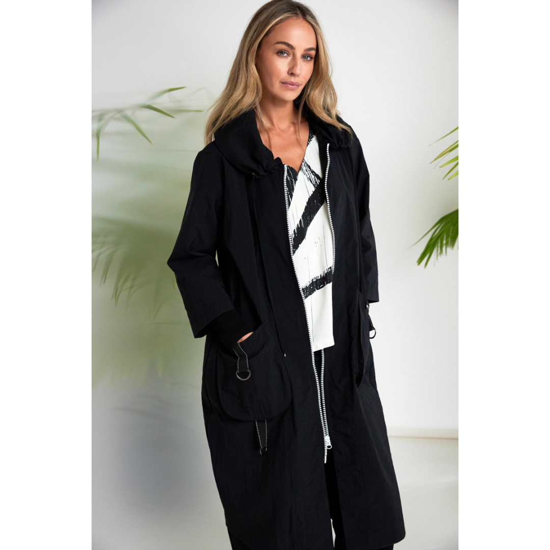 Naya Hooded Coat With D Ring Pockets In Black