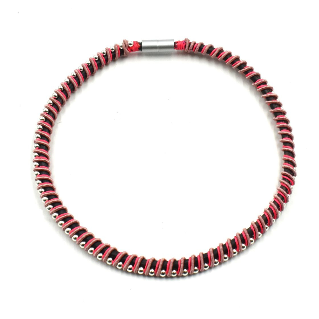 Christina Brampti Leather Cord Necklace With Metallic Beads In Pink