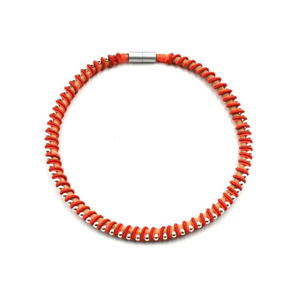 Christina Brampti Leather Cord Necklace With Metalic Beads In Orange