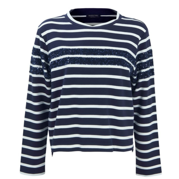 Margittes Long Sleeve Top With Sequin Top In Navy/White Stripe