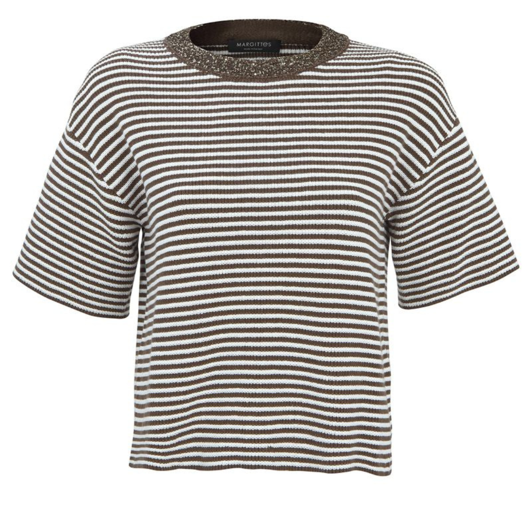 Margittes Short Sleeve Knitted Sweater In Brown/Cream