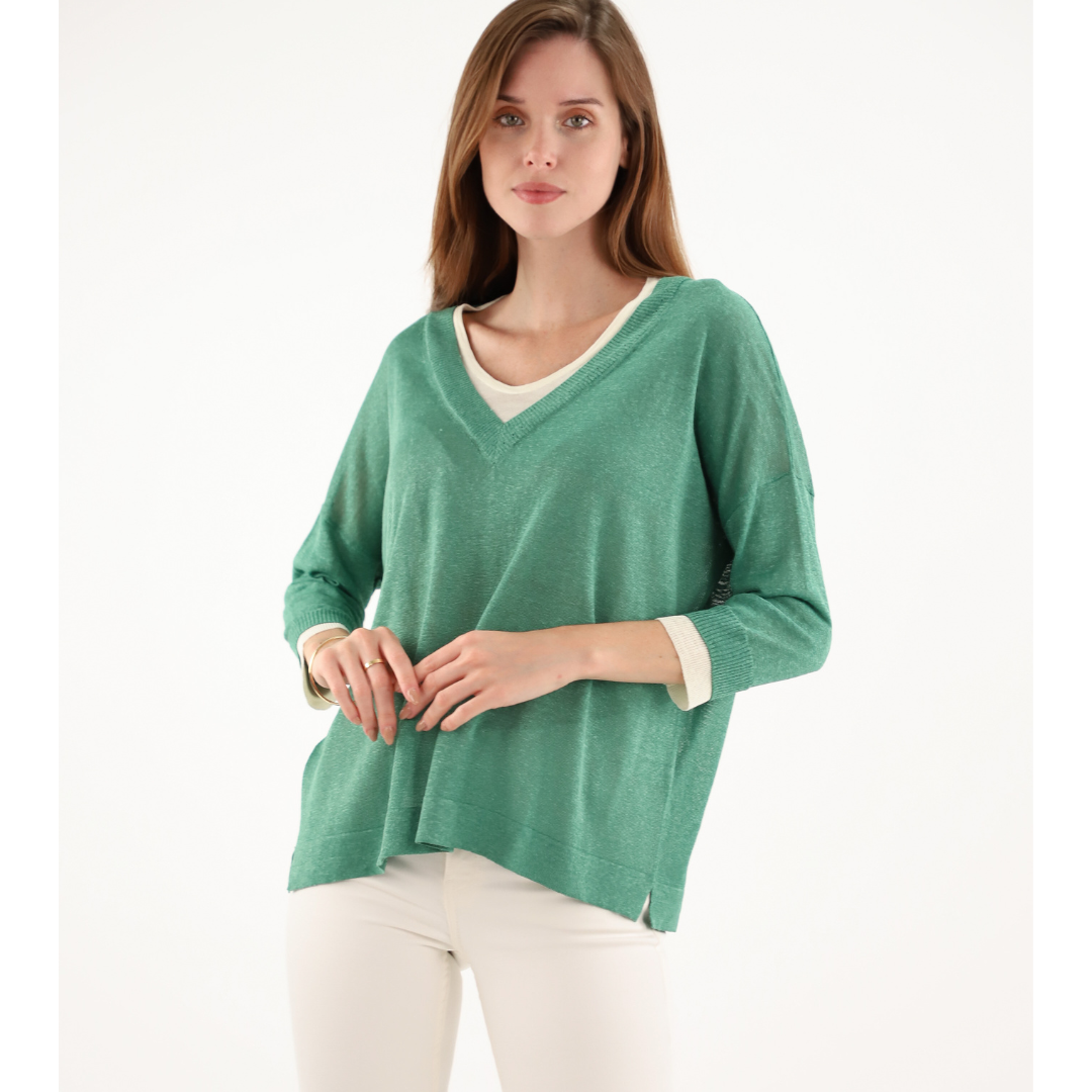 Maud & Sacha V Neck Layer Sweater in Green And Cream