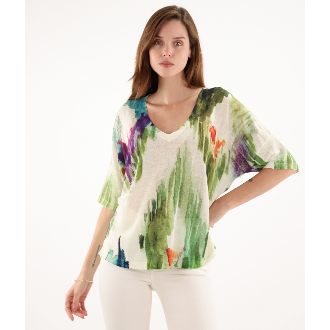 Maud & Sacha V Neck Knit in Green Tie Dye