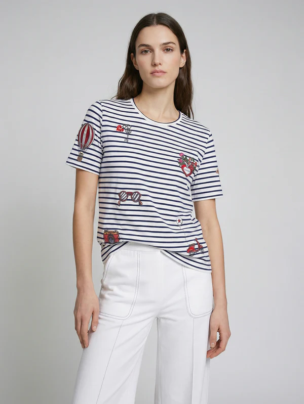 Vilagallo Striped Top In Blue And White With Heart Motif - Image 2