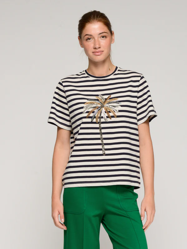 Vilagallo Striped Top In Blue And Cream With Sequin Palm Tree - Image 2