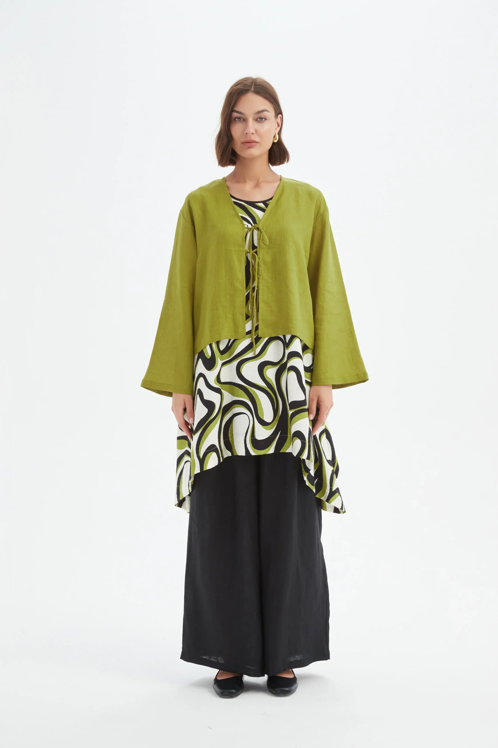 Tirelli Tie Front Linen Top In Chartreuse Green - Image 4