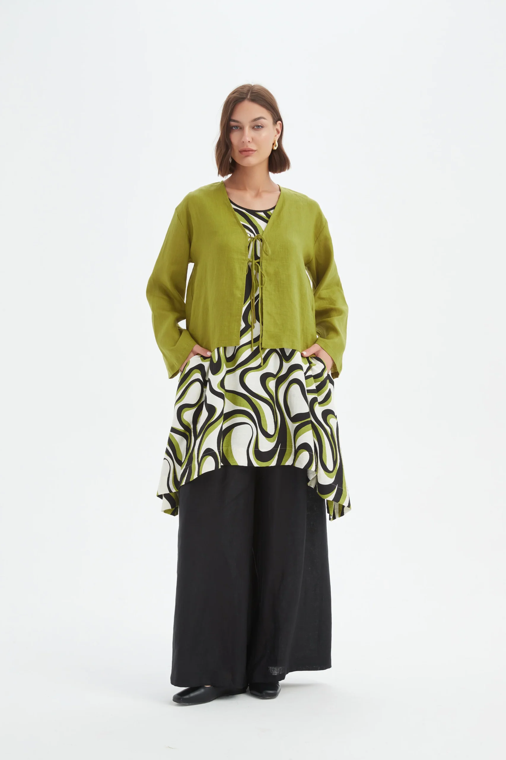 Tirelli Tie Front Linen Top In Chartreuse Green - Image 2