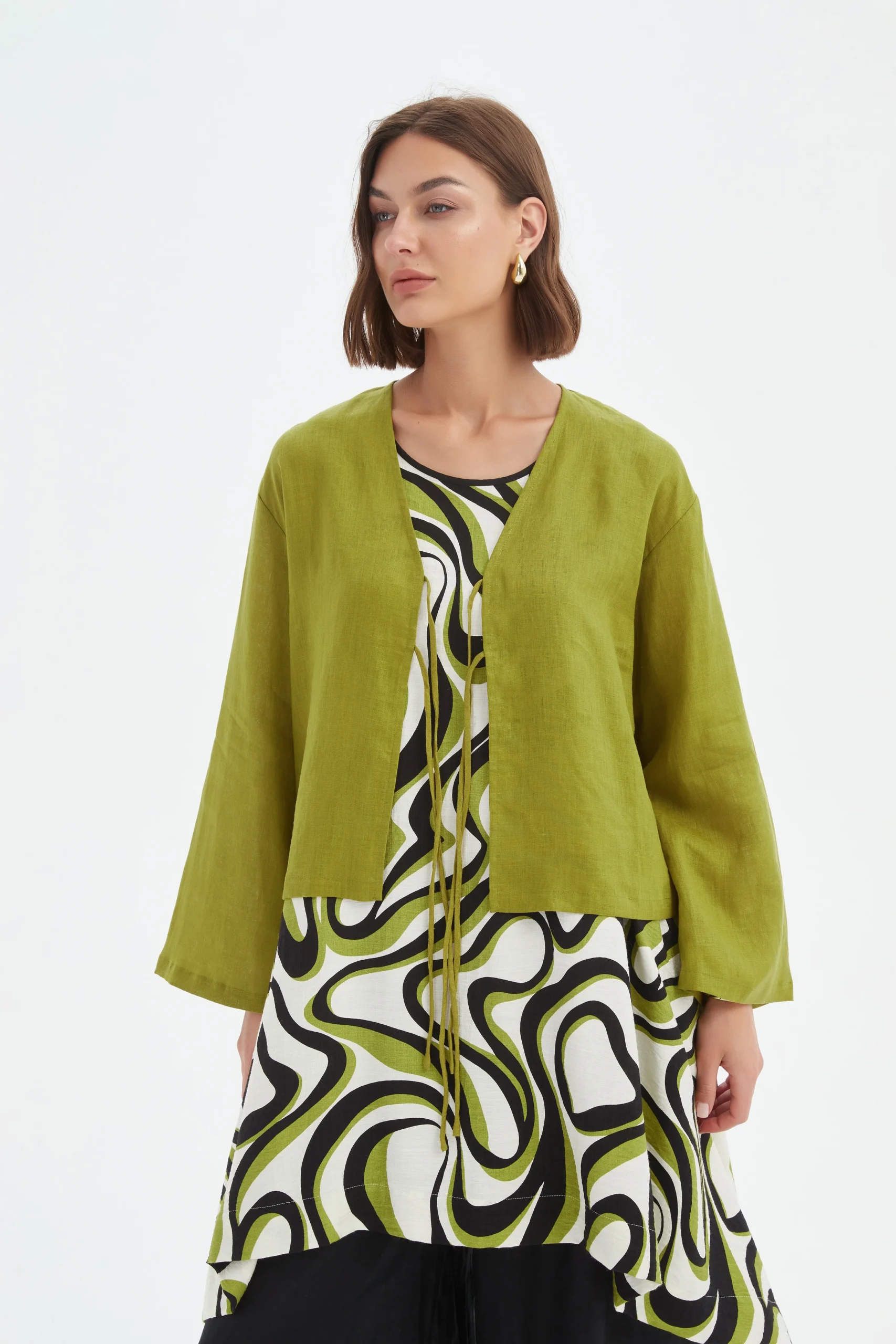 Tirelli Tie Front Linen Top In Chartreuse Green - Image 3