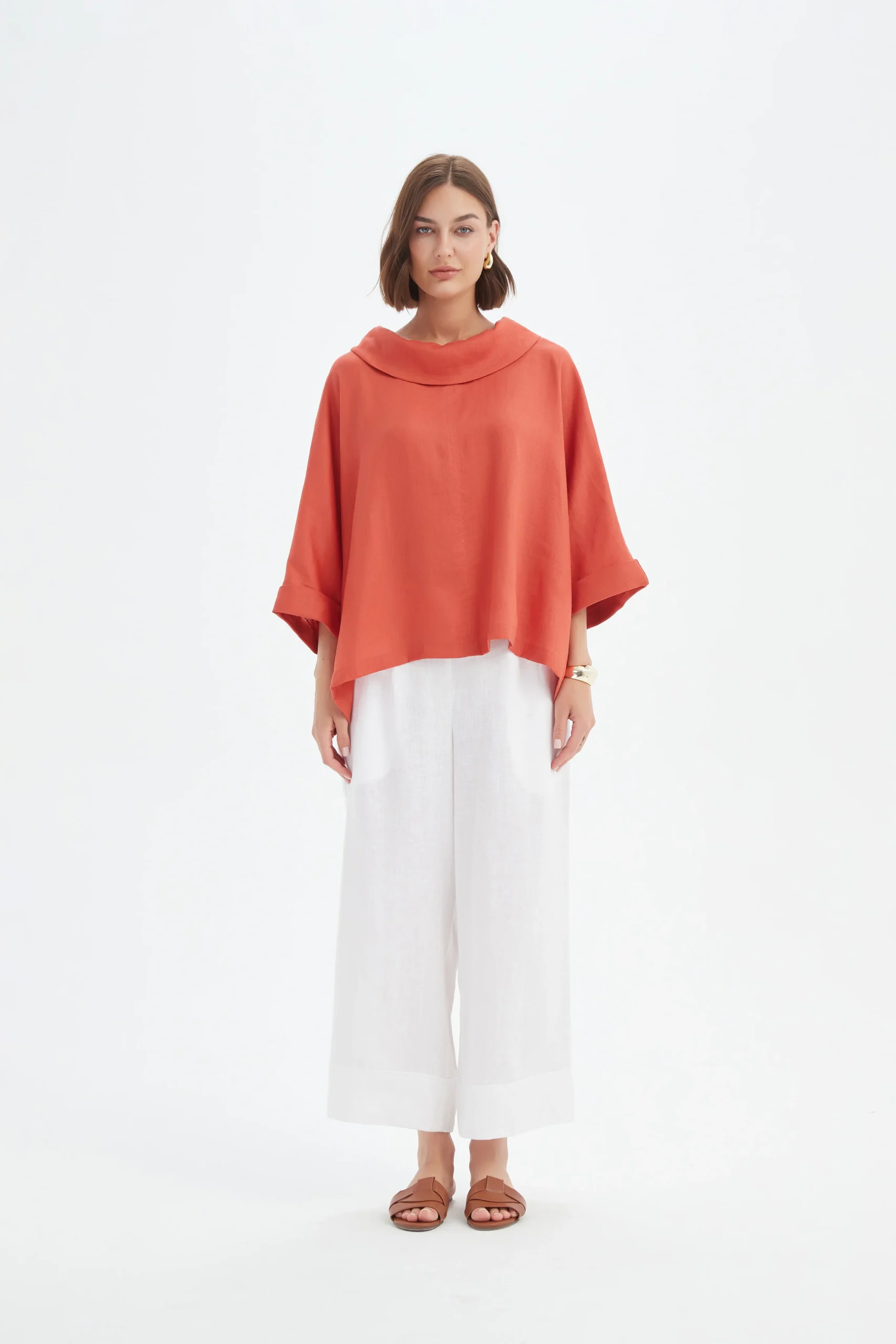 Tirelli Funnel Neck Boxy Linen Top In Rust - Image 5