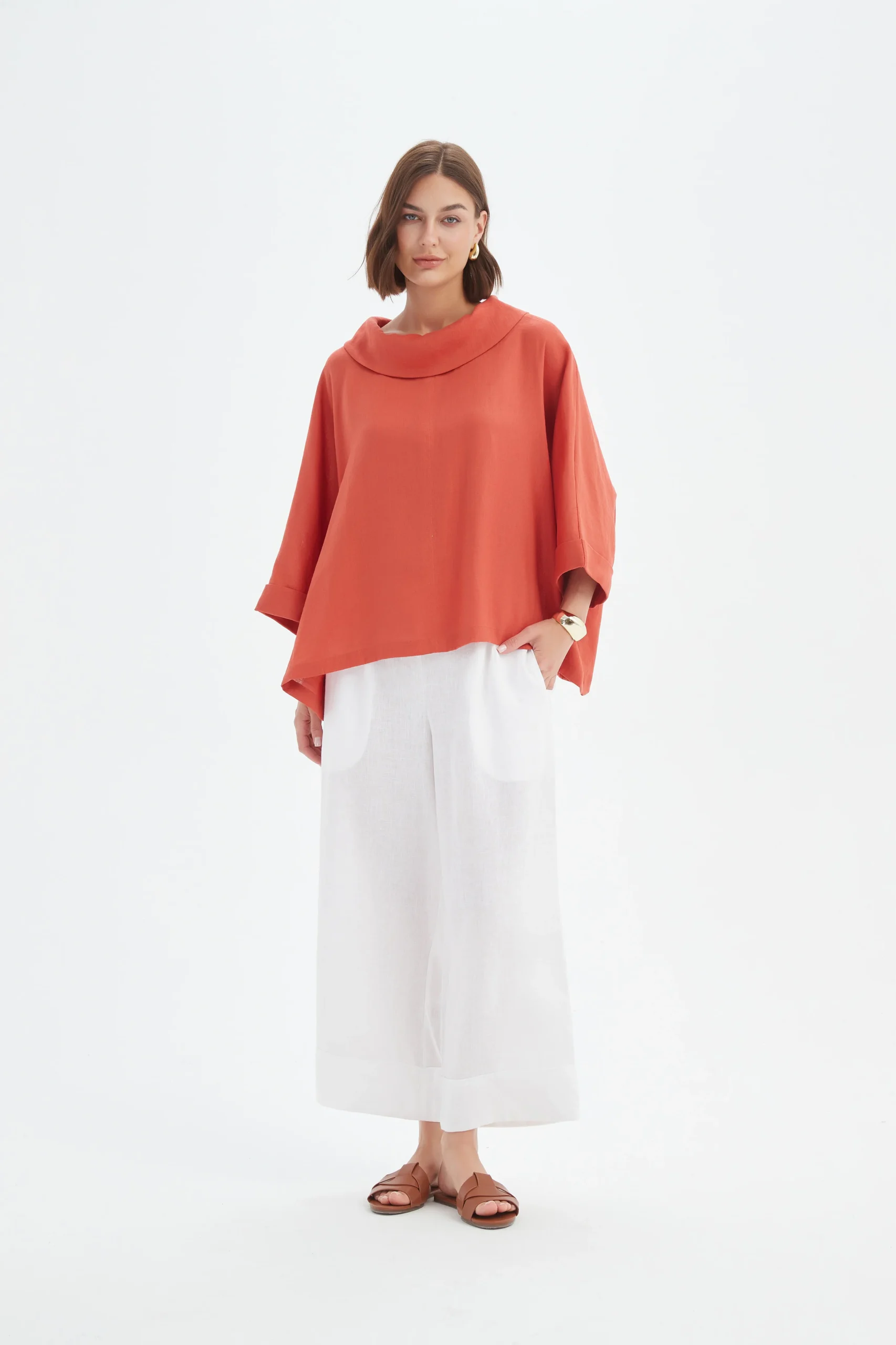 Tirelli Funnel Neck Boxy Linen Top In Rust - Image 3