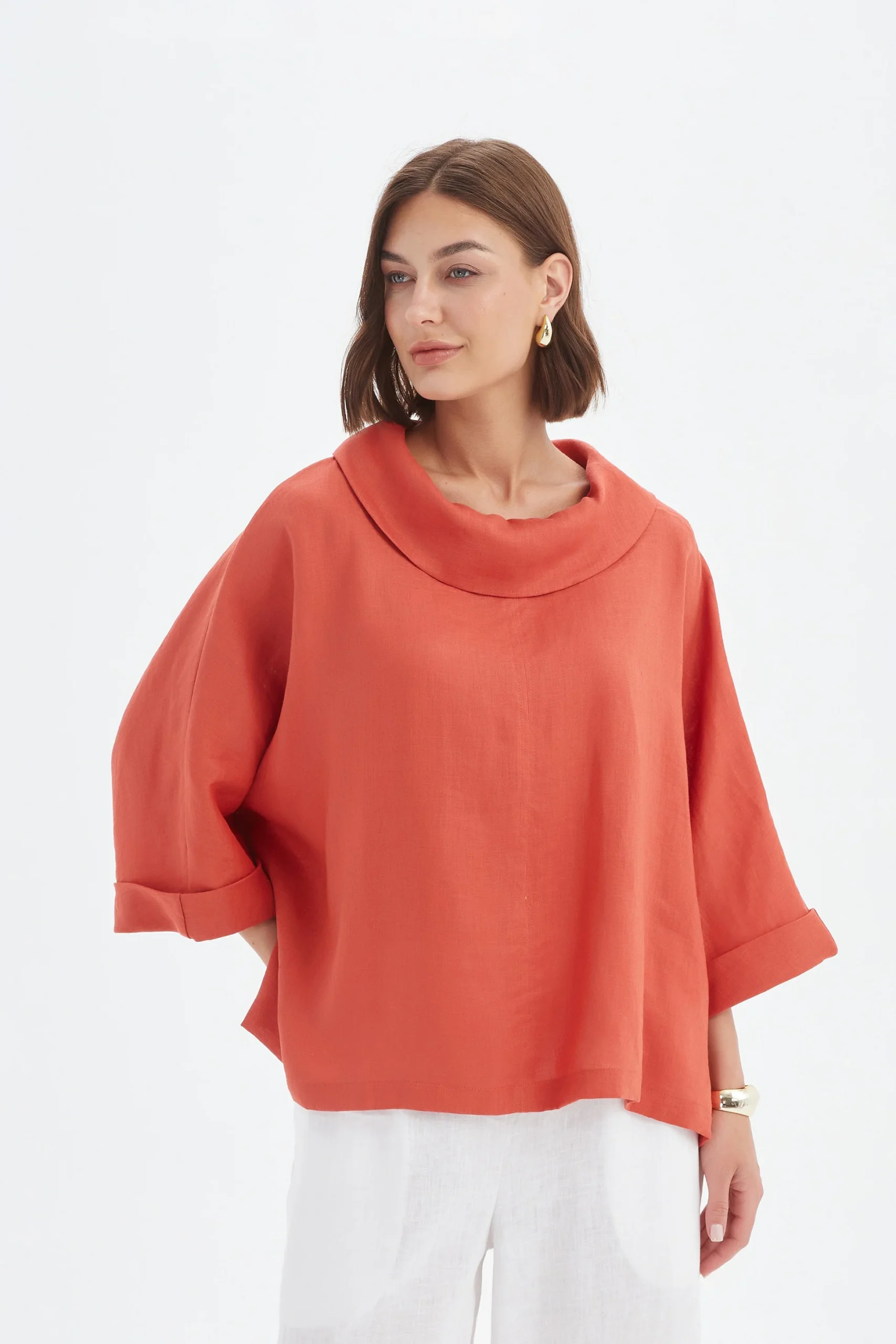 Tirelli Funnel Neck Boxy Linen Top In Rust - Image 2