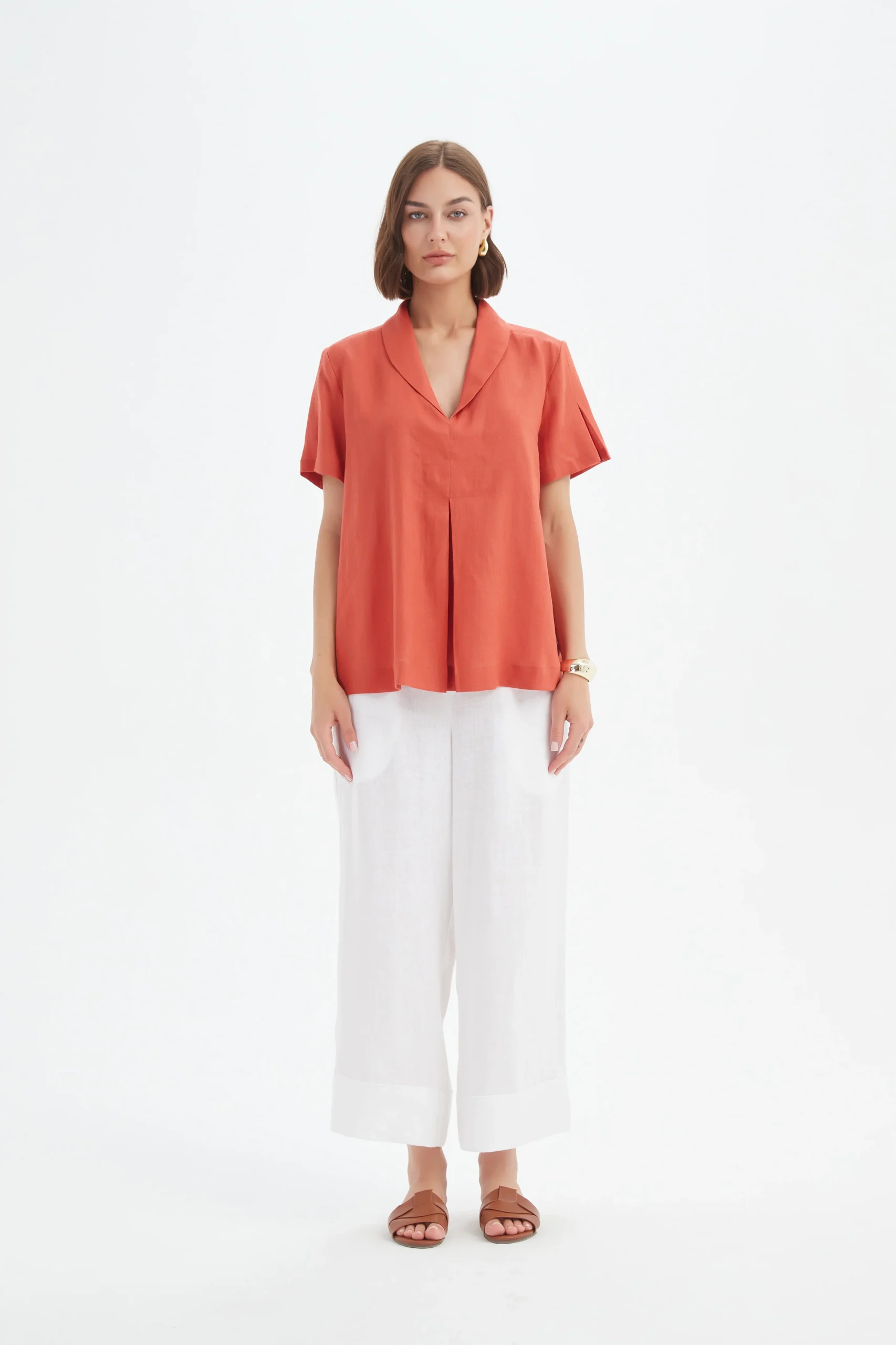 Tirelli Shawl Collar Pleat Linen Top In Rust - Image 4