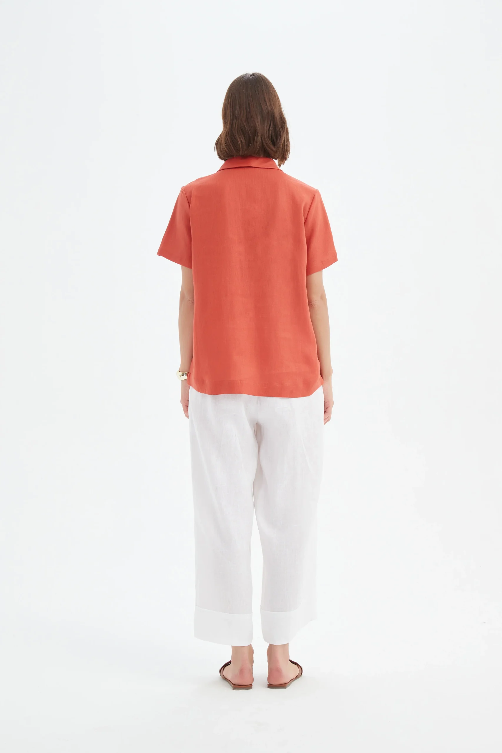 Tirelli Shawl Collar Pleat Linen Top In Rust - Image 5