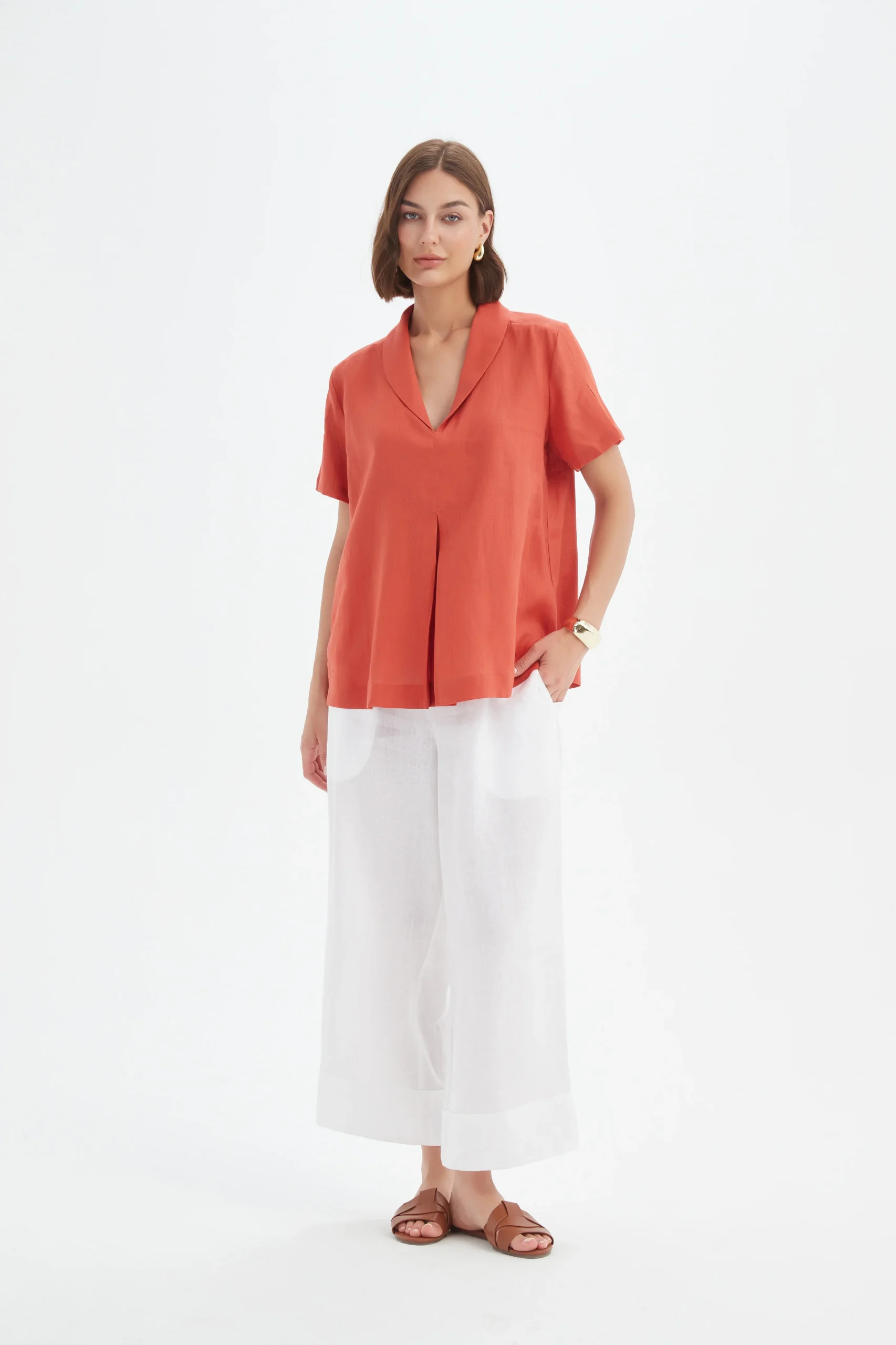 Tirelli Shawl Collar Pleat Linen Top In Rust - Image 3