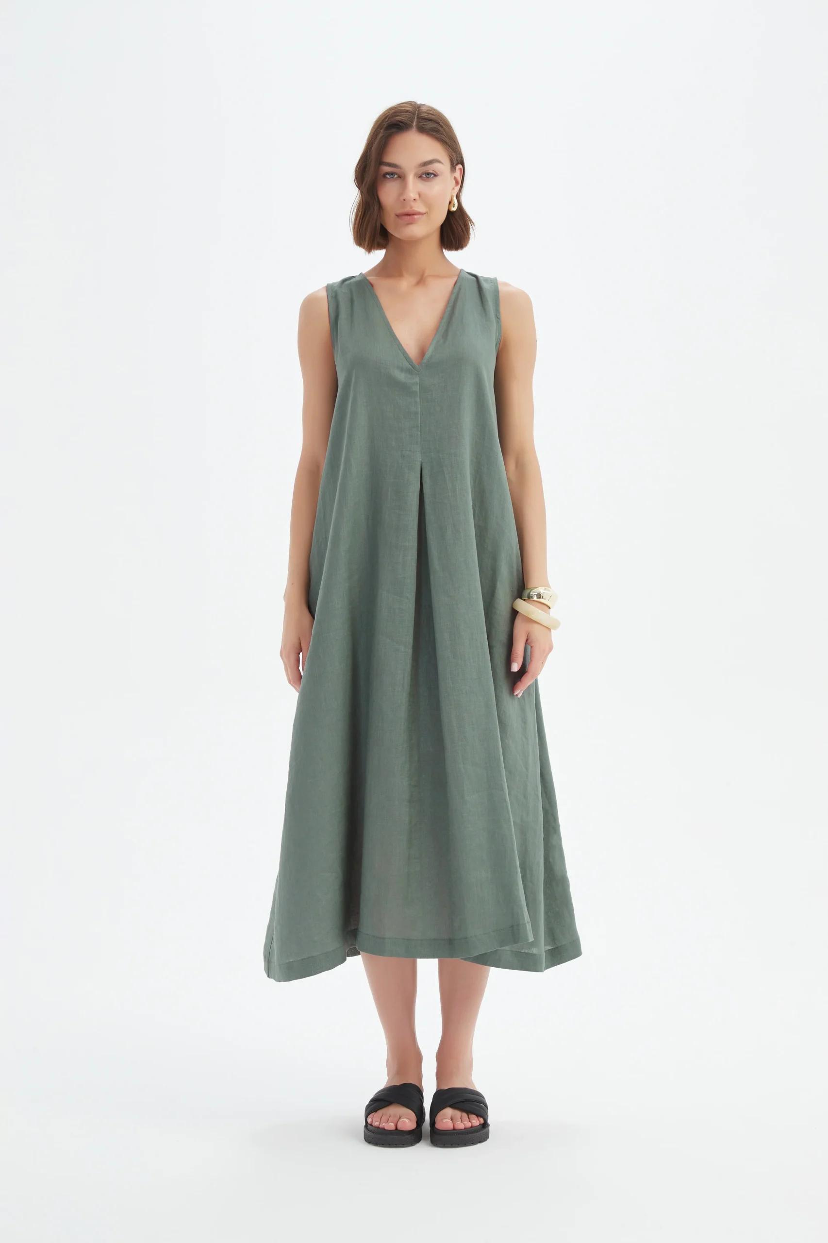 Tirelli Inverted Pleat Linen Dress In Petrol - Image 4