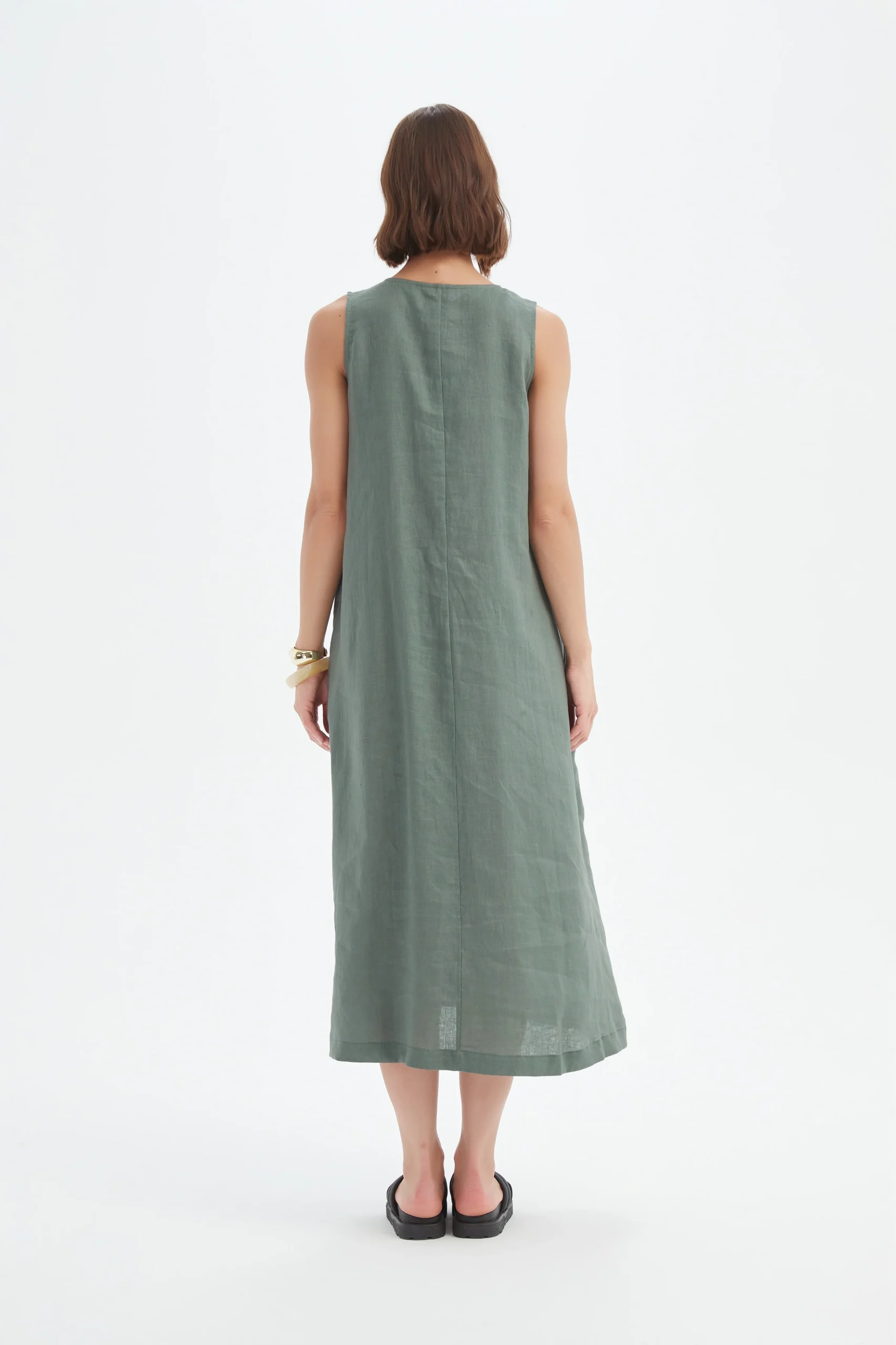 Tirelli Inverted Pleat Linen Dress In Petrol - Image 5