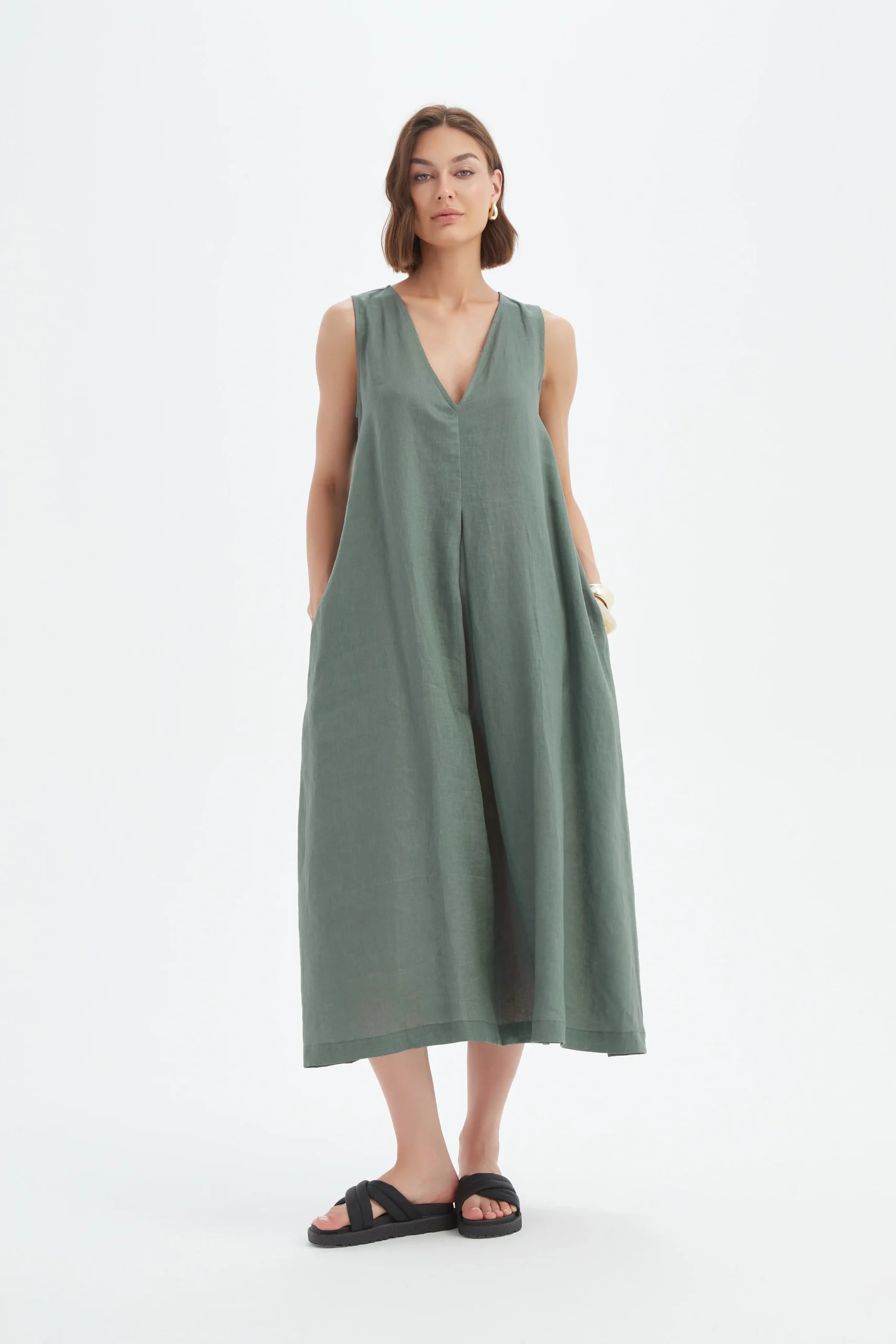 Tirelli Inverted Pleat Linen Dress In Petrol - Image 3