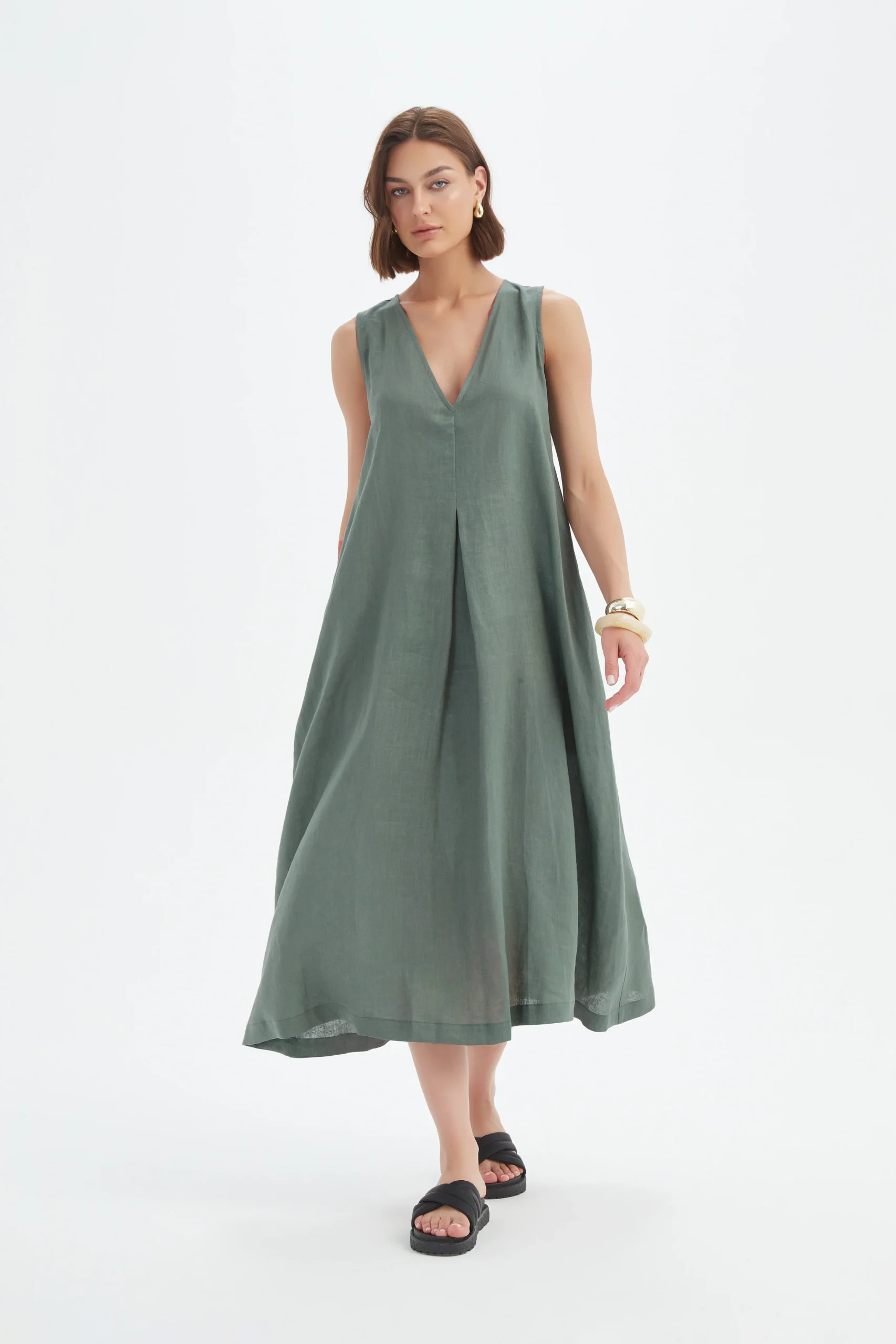 Tirelli Inverted Pleat Linen Dress In Petrol - Image 2