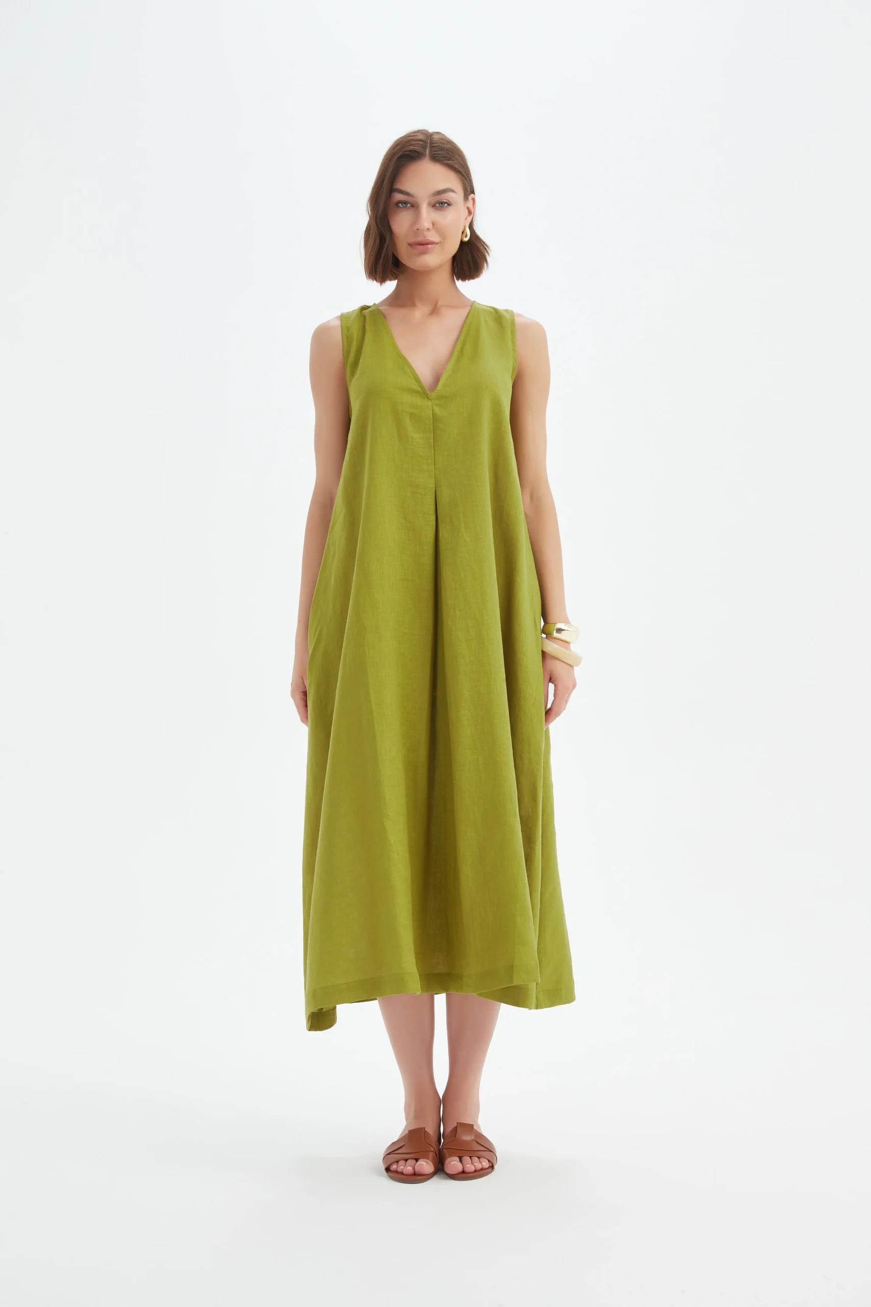 Tirelli Inverted Pleat Dress In Chartreuse Green - Image 4