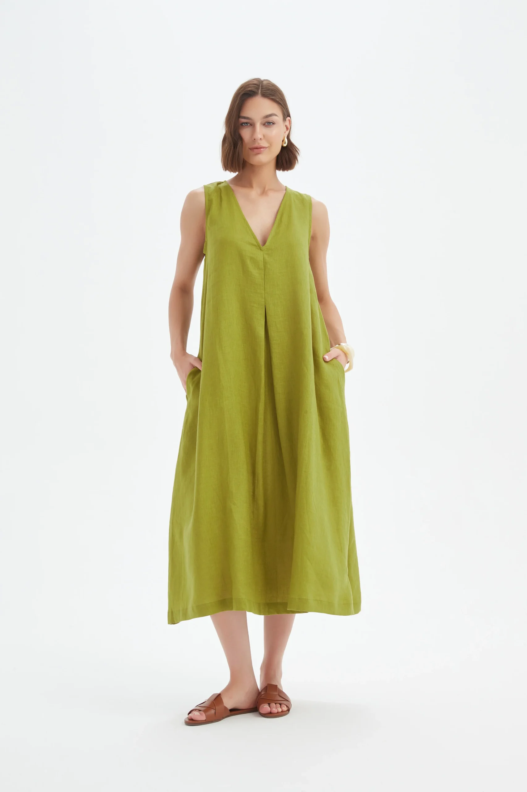 Tirelli Inverted Pleat Dress In Chartreuse Green - Image 3