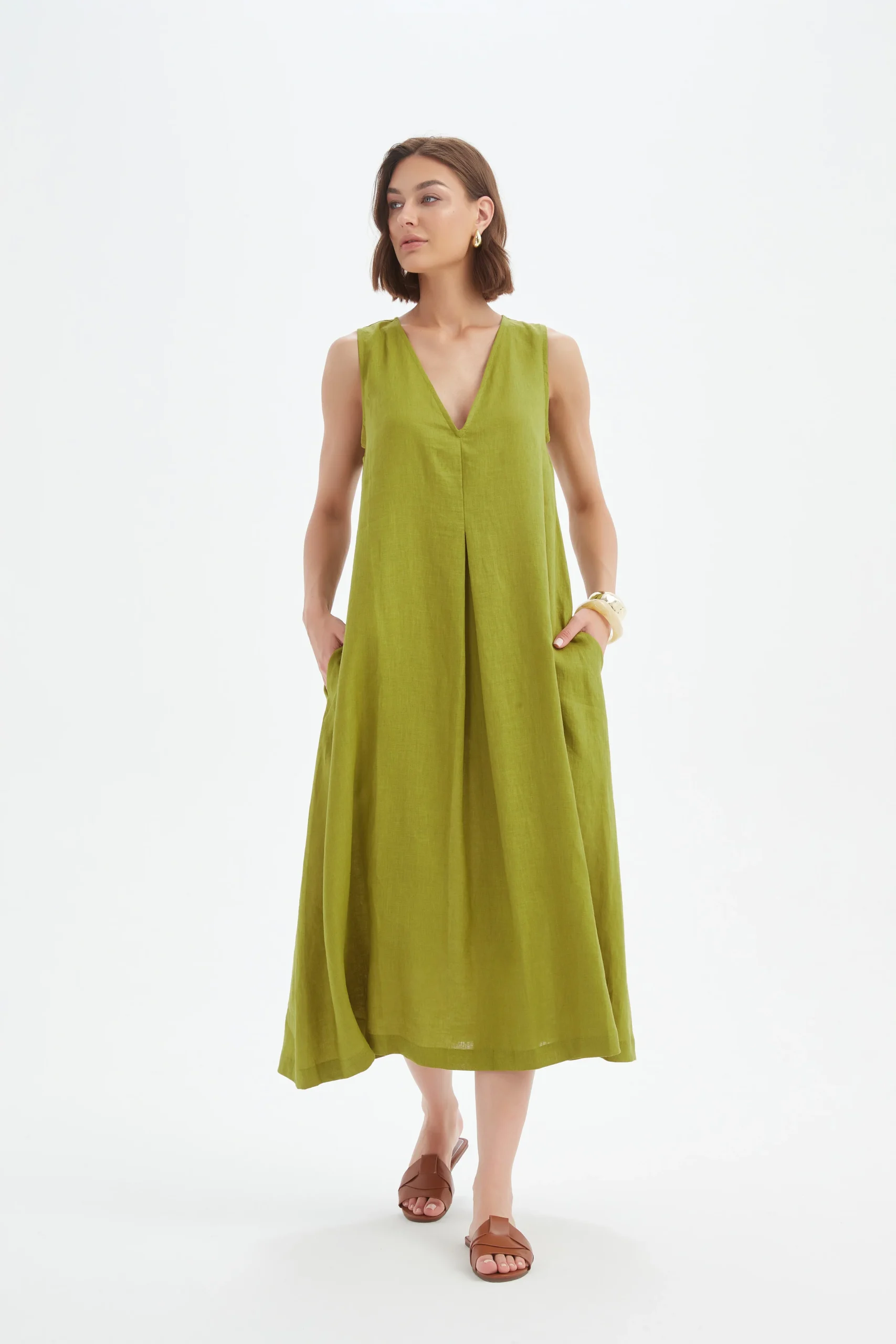 Tirelli Inverted Pleat Dress In Chartreuse Green - Image 2