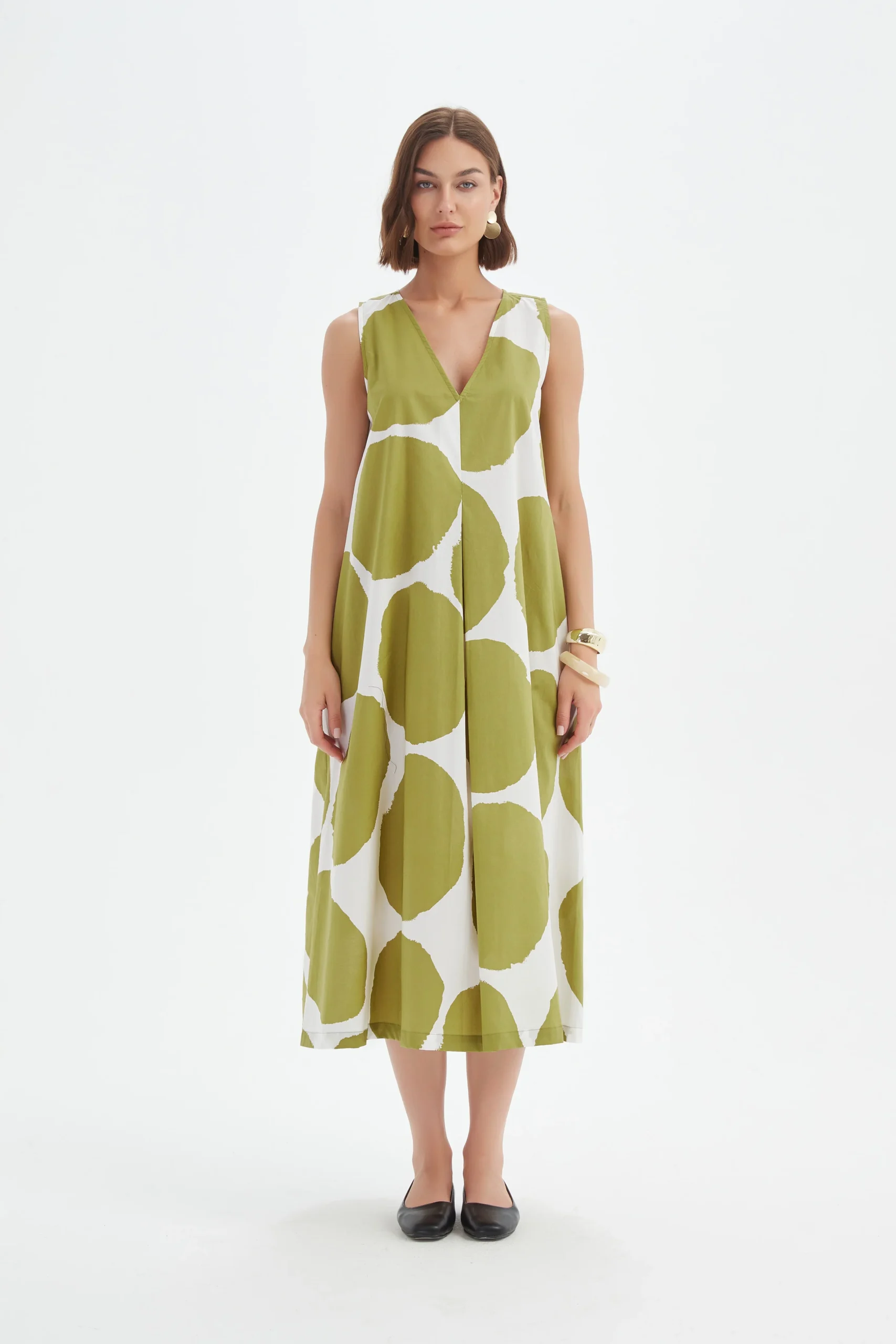 Tirelli Inverted Pleat Poplin Dress In Chartreuse And White Spot - Image 4