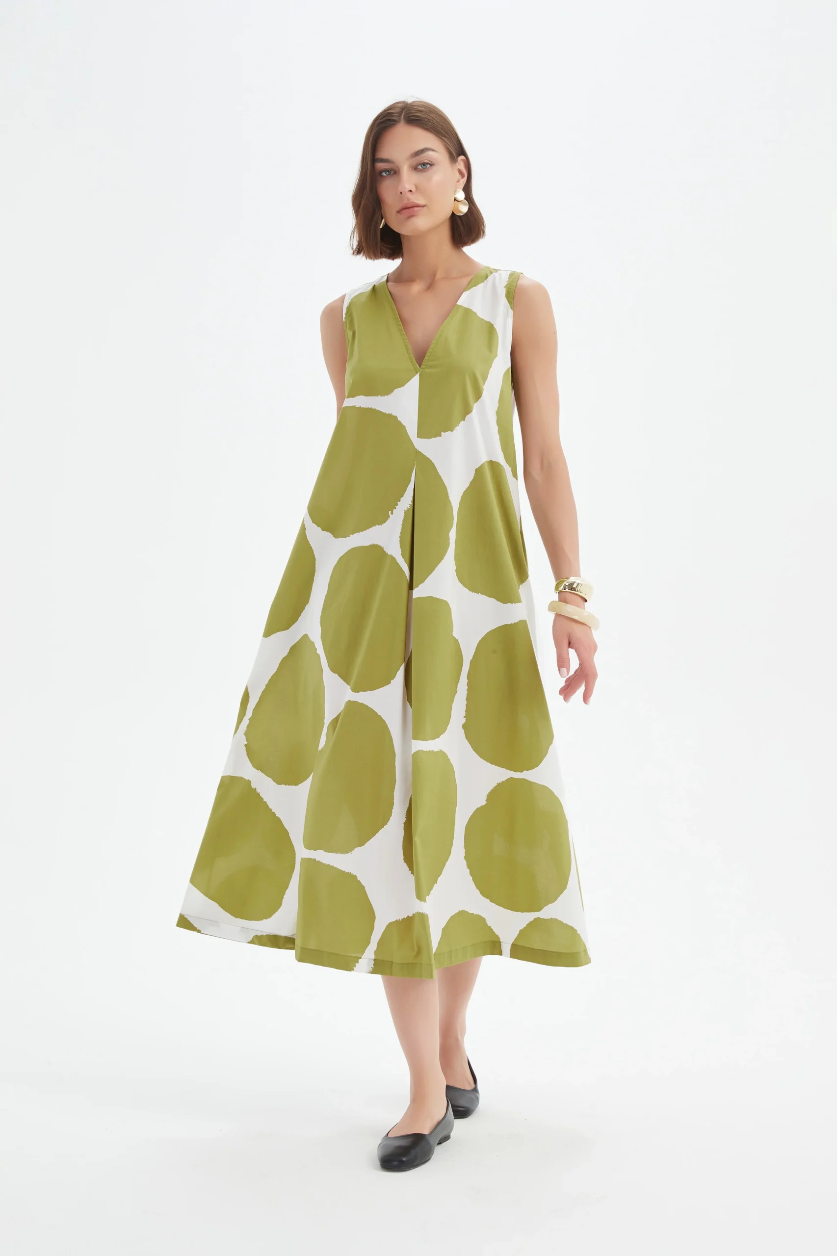 Tirelli Inverted Pleat Poplin Dress In Chartreuse And White Spot - Image 2