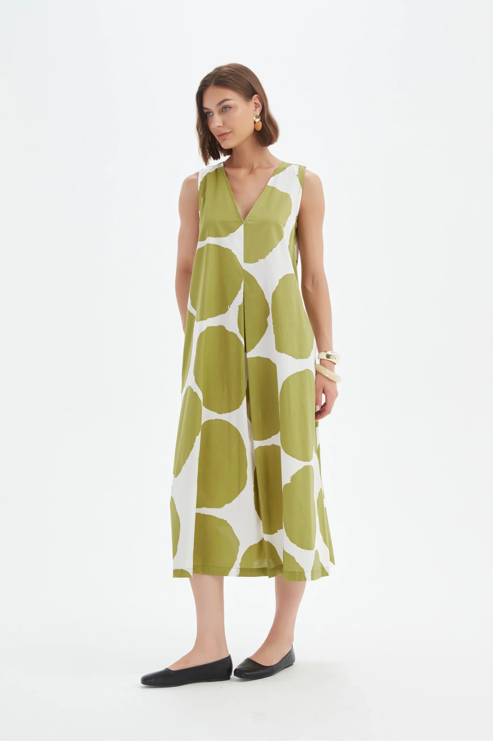 Tirelli Inverted Pleat Poplin Dress In Chartreuse And White Spot - Image 3