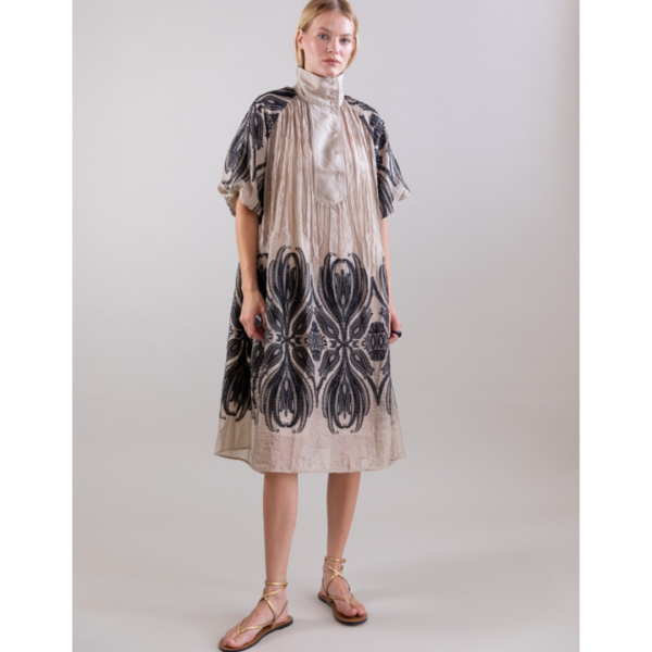 Psophia Taupe Dress With Black Tulip Embroidered Hem and Sleeve