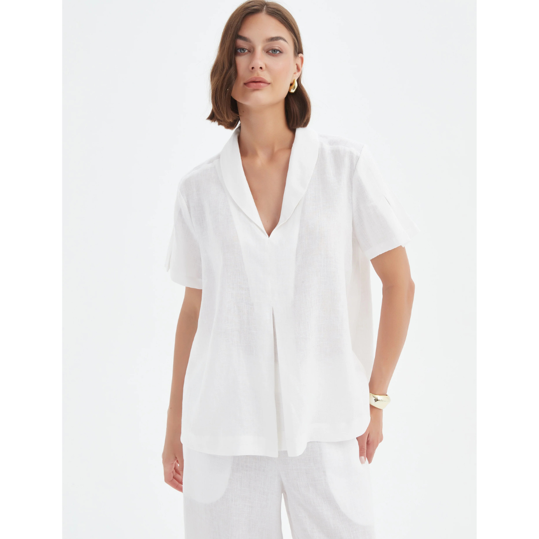 Tirelli Shawl Collar Pleat Linen Top In White