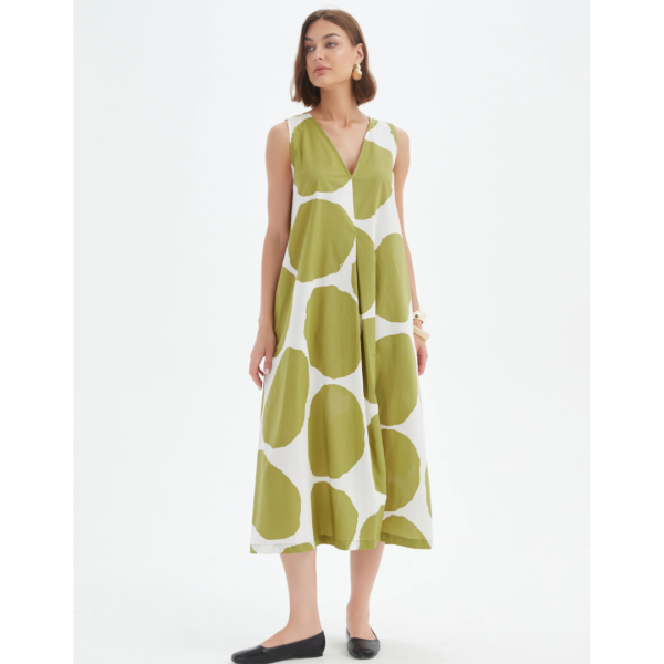 Tirelli Inverted Pleat Poplin Dress In Chartreuse And White Spot