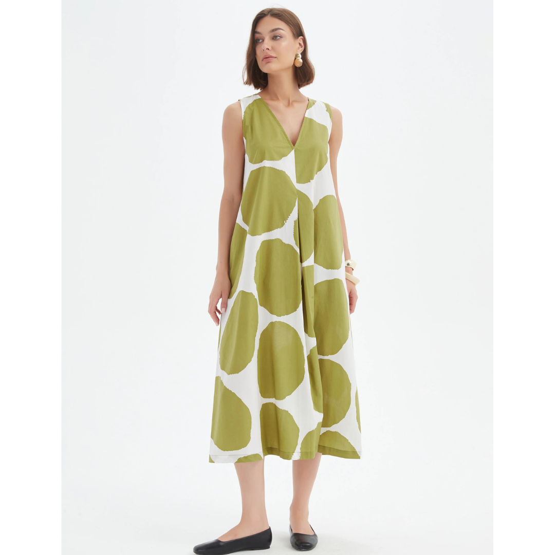 Tirelli Inverted Pleat Poplin Dress In Chartreuse And White Spot