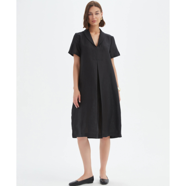 Tirelli Shawl Collar Pleat Linen Dress In Black