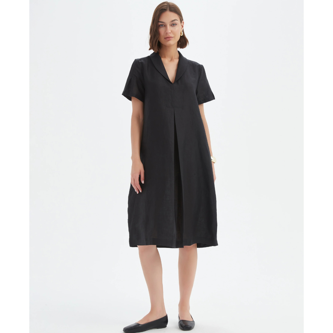 Tirelli Shawl Collar Pleat Linen Dress In Black