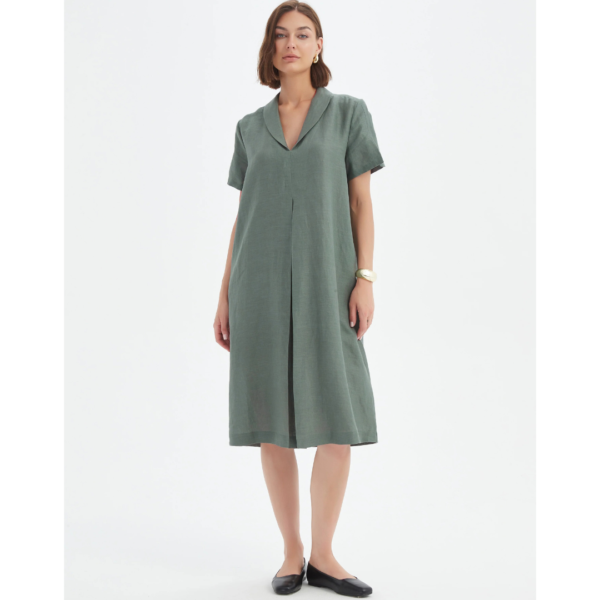 Tirelli Shawl Collar Pleat Linen Dress In Petrol