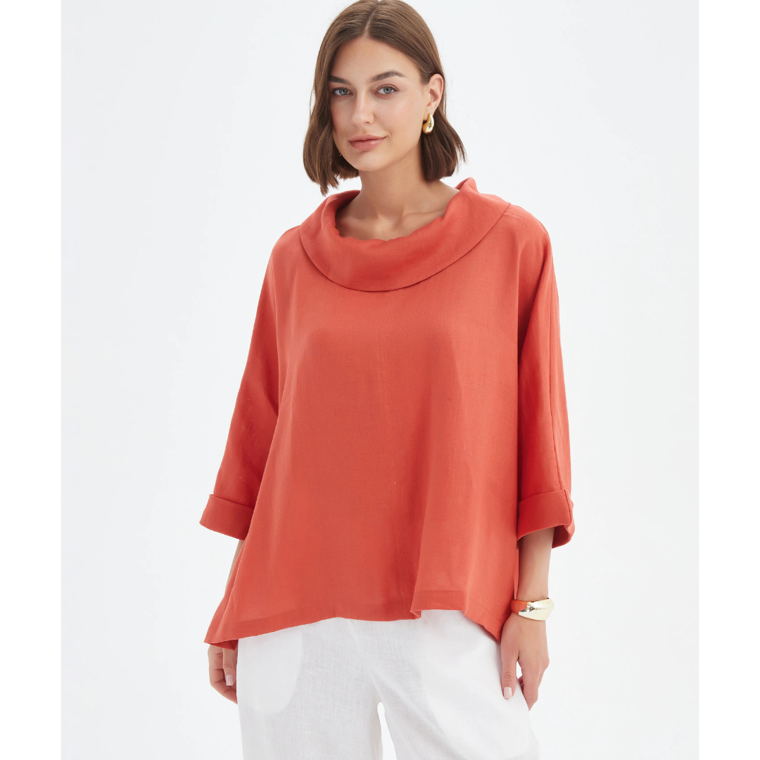 Tirelli Funnel Neck Boxy Linen Top In Rust